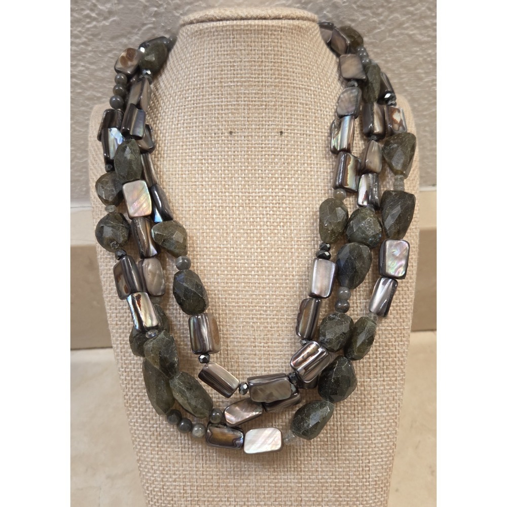Vtg Heavy Sterling Silver, Labradorite, Abalone, Aurora Borealis Signed Necklace - Picture 2 of 5